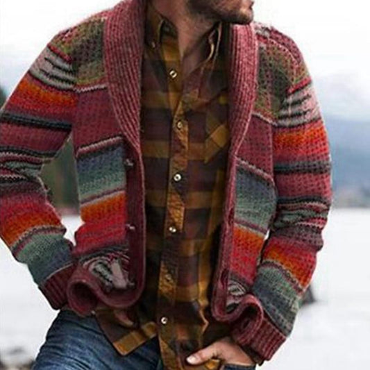 Herre Strikket Cardigan – Komfortabel med Sjal Krage – Mønsterstrikket – Knappefront
