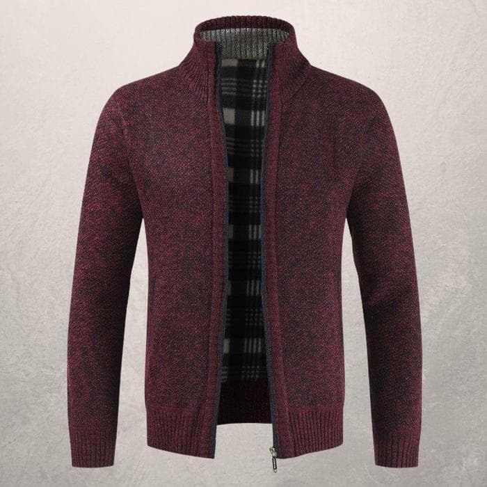Herre Cardigan - Glidelås - Høy Krage - Foret - Ribbestrikkede Mansjetter og Kant