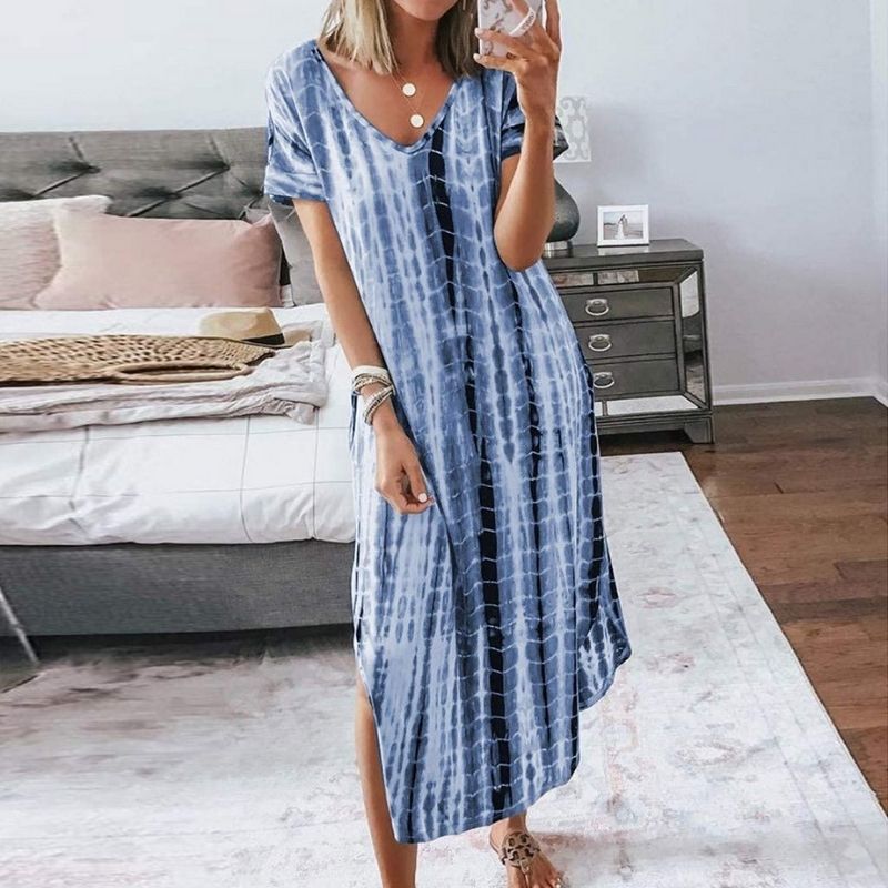 Women's Maxi Dress - Loose Fit - V-Neck - Short Sleeves - Trendy Tie-Dye Pattern