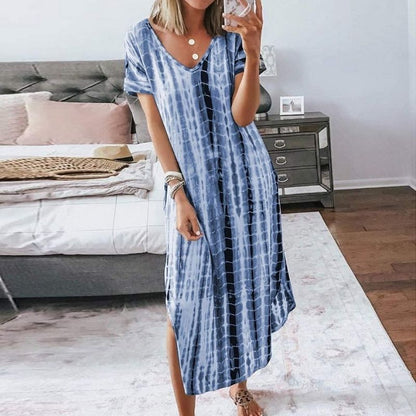 Women's Maxi Dress - Loose Fit - V-Neck - Short Sleeves - Trendy Tie-Dye Pattern