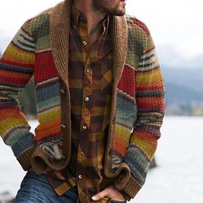 Herre Strikket Cardigan – Komfortabel med Sjal Krage – Mønsterstrikket – Knappefront