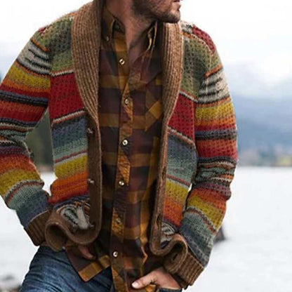 Herre Strikket Cardigan – Komfortabel med Sjal Krage – Mønsterstrikket – Knappefront