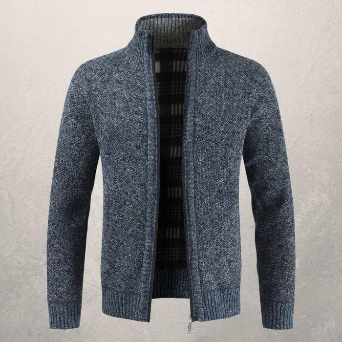 Herre Cardigan - Glidelås - Høy Krage - Foret - Ribbestrikkede Mansjetter og Kant