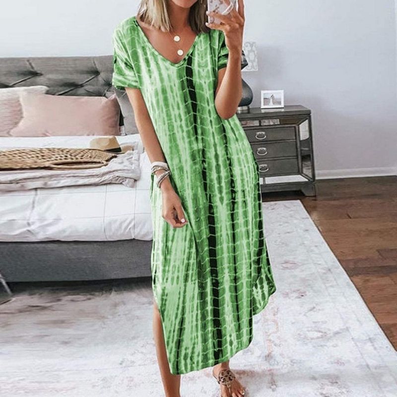 Women's Maxi Dress - Loose Fit - V-Neck - Short Sleeves - Trendy Tie-Dye Pattern