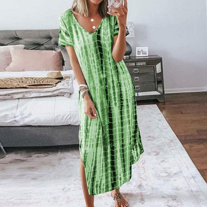 Women's Maxi Dress - Loose Fit - V-Neck - Short Sleeves - Trendy Tie-Dye Pattern