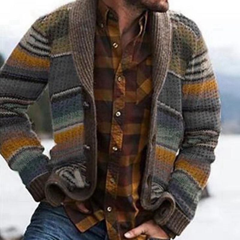 Herre Strikket Cardigan – Komfortabel med Sjal Krage – Mønsterstrikket – Knappefront