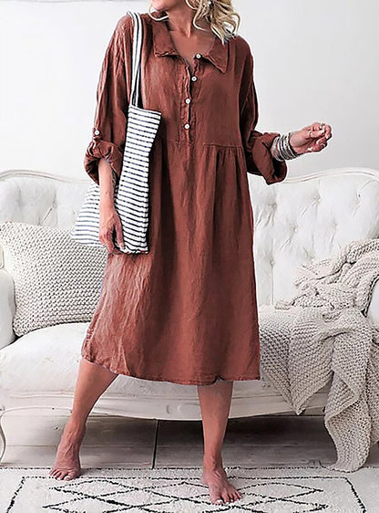 Women's Shirt Dress - Airy Cotton/Linen - Loose Fit - Knee-Length with Buttons