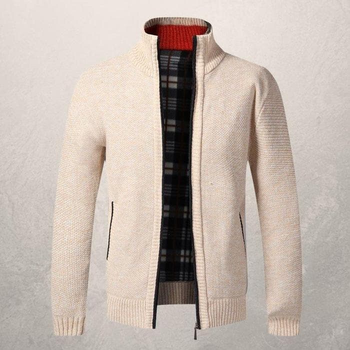 Herre Cardigan - Glidelås - Høy Krage - Foret - Ribbestrikkede Mansjetter og Kant