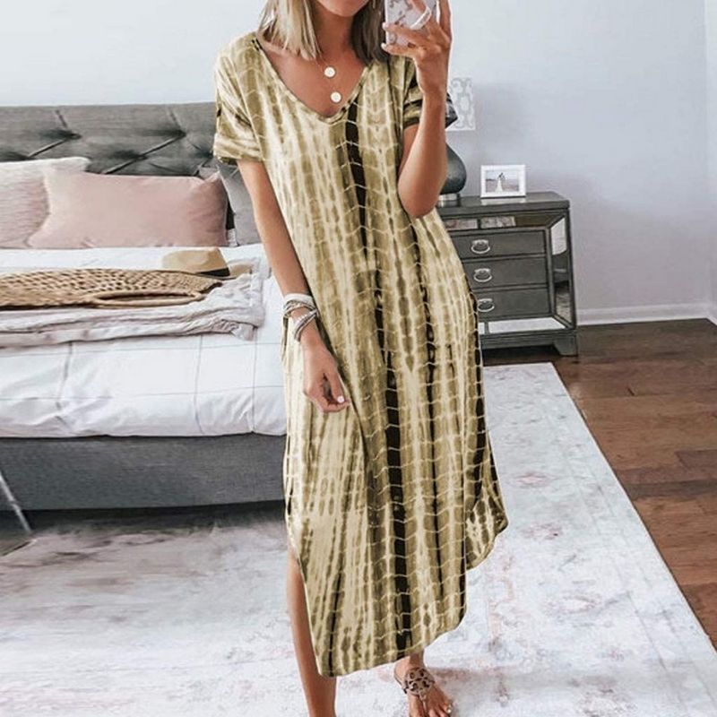 Women's Maxi Dress - Loose Fit - V-Neck - Short Sleeves - Trendy Tie-Dye Pattern
