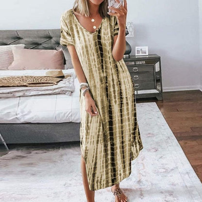 Women's Maxi Dress - Loose Fit - V-Neck - Short Sleeves - Trendy Tie-Dye Pattern