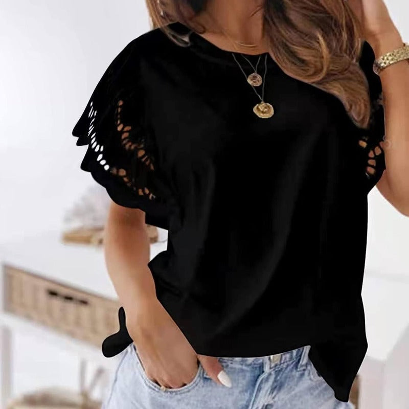Women's Blouse – Short-Sleeved with Lace – Round Neck – Airy and Elegant Fit