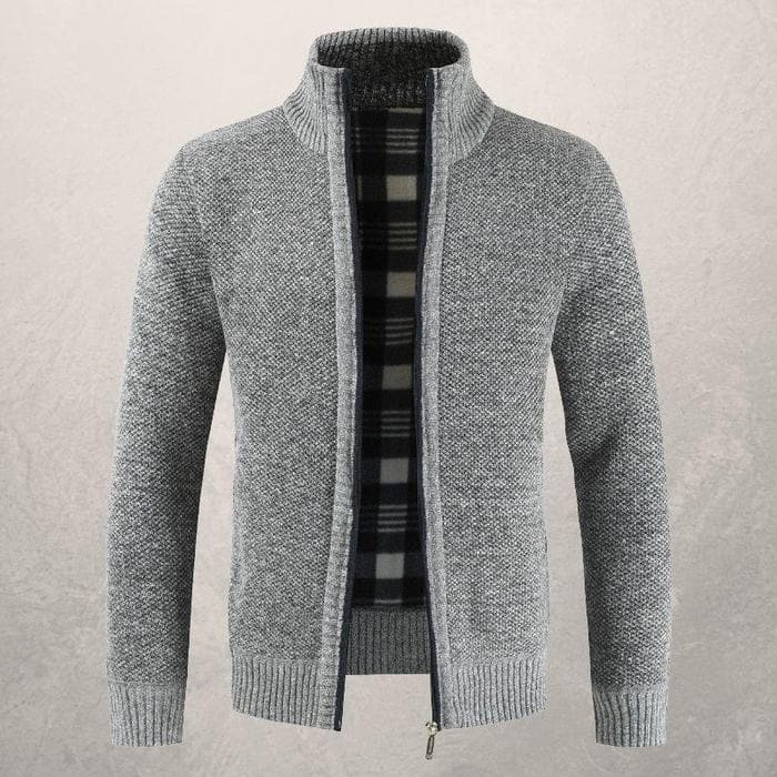 Herre Cardigan - Glidelås - Høy Krage - Foret - Ribbestrikkede Mansjetter og Kant