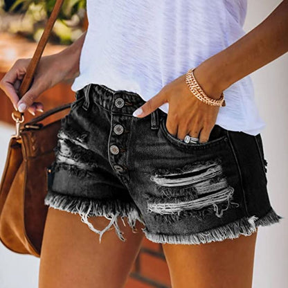 Dame Jeansshorts - Råkantet Denim - Rippet Design - Knapplukking - Casual Passform