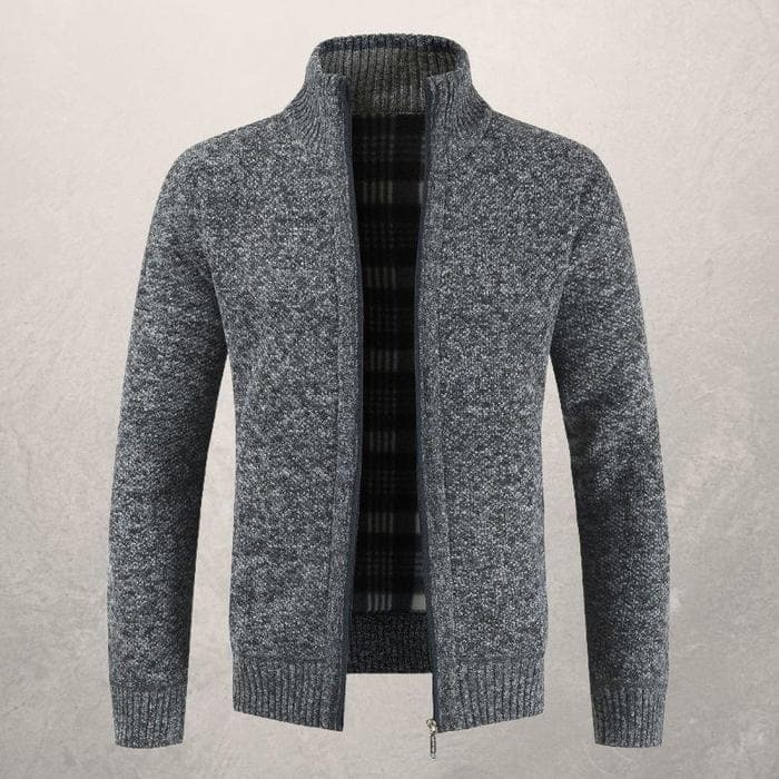 Herre Cardigan - Glidelås - Høy Krage - Foret - Ribbestrikkede Mansjetter og Kant