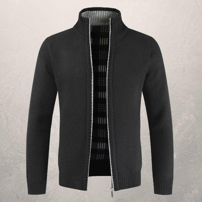 Herre Cardigan - Glidelås - Høy Krage - Foret - Ribbestrikkede Mansjetter og Kant