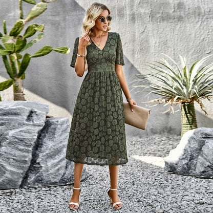 Women's Midi Dress - Lace - V-Neck - Short Sleeves - Elegant Slim Fit