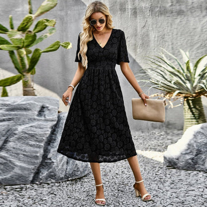 Women's Midi Dress - Lace - V-Neck - Short Sleeves - Elegant Slim Fit