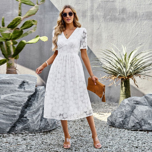 Women's Midi Dress - Lace - V-Neck - Short Sleeves - Elegant Slim Fit