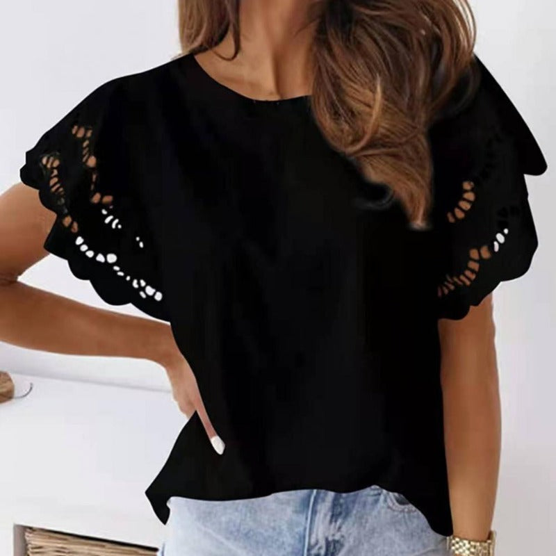 Women's Blouse – Short-Sleeved with Lace – Round Neck – Airy and Elegant Fit