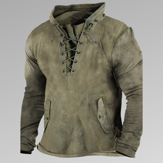 Men's Sweater - Long-Sleeved Lace-Up - Durable and Rustic - With Front Pockets