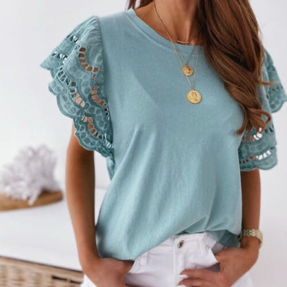 Women's Blouse – Short-Sleeved with Lace – Round Neck – Airy and Elegant Fit
