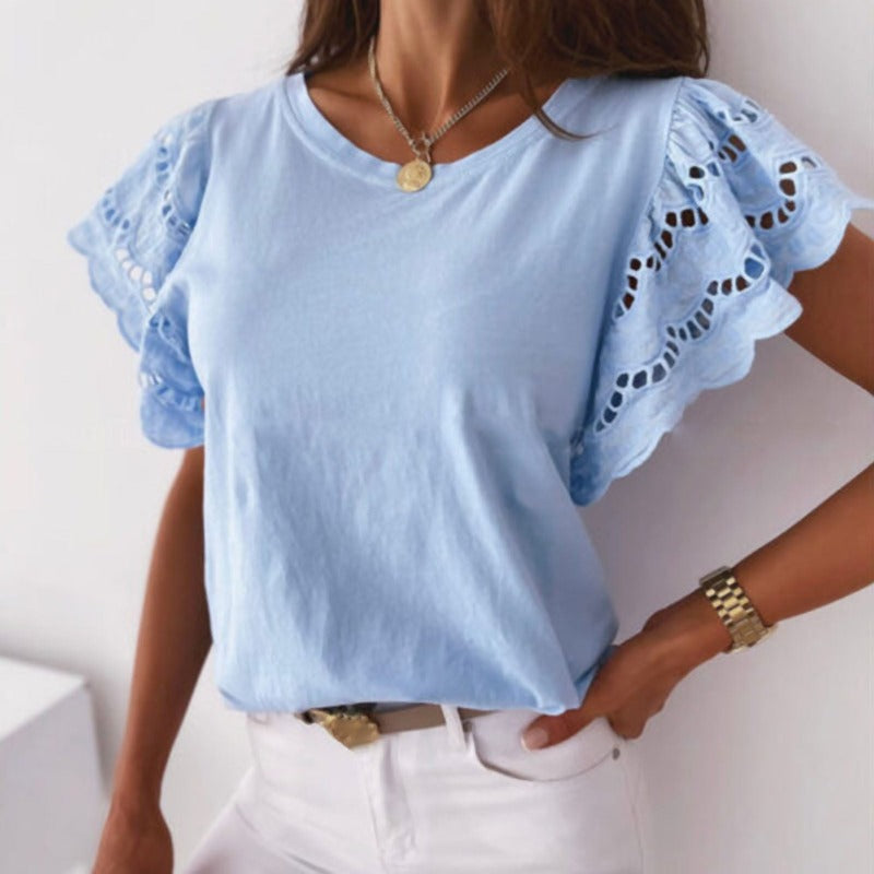 Women's Blouse – Short-Sleeved with Lace – Round Neck – Airy and Elegant Fit