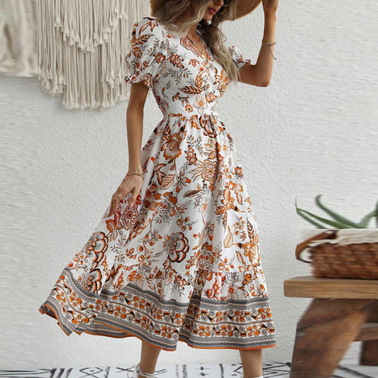 Women's Midi Dress – V-neck – A-line Fit – Floral Pattern – Short Puff Sleeves
