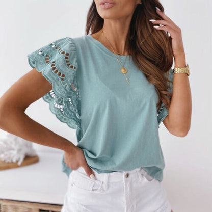 Women's Blouse – Short-Sleeved with Lace – Round Neck – Airy and Elegant Fit