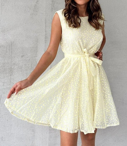 Dress for Women – Sleeveless A-line – High Waist with Tie Belt – Polka Dot Pattern