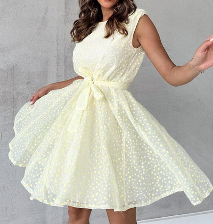 Dress for Women – Sleeveless A-line – High Waist with Tie Belt – Polka Dot Pattern