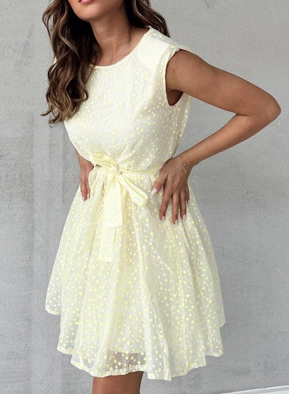 Dress for Women – Sleeveless A-line – High Waist with Tie Belt – Polka Dot Pattern