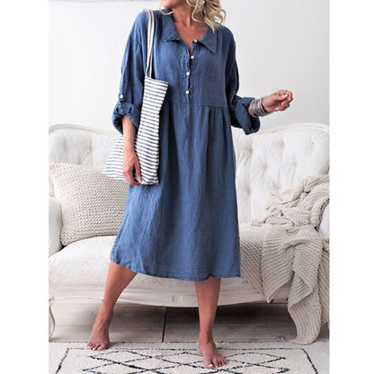 Women's Shirt Dress - Airy Cotton/Linen - Loose Fit - Knee-Length with Buttons