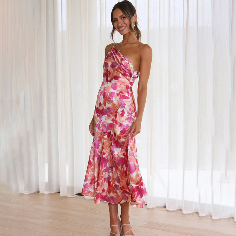 Dress for Women - Elegant Midi - One Shoulder - Floral Print - Tailored Party Outfit
