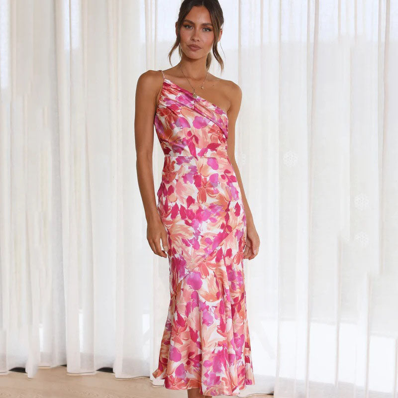 Dress for Women - Elegant Midi - One Shoulder - Floral Print - Tailored Party Outfit