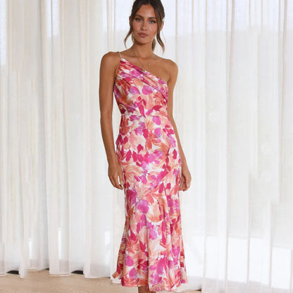 Dress for Women - Elegant Midi - One Shoulder - Floral Print - Tailored Party Outfit