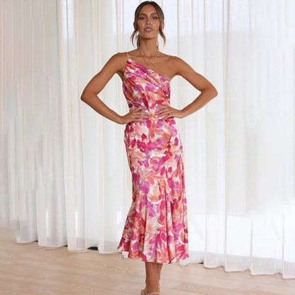 Dress for Women - Elegant Midi - One Shoulder - Floral Print - Tailored Party Outfit